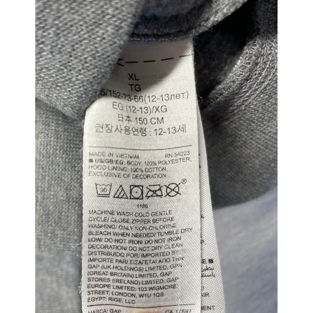 Gap Hoodie Unisex Kids XL (12-13) Gray Fleece Applique Spellout Logo Full Zip